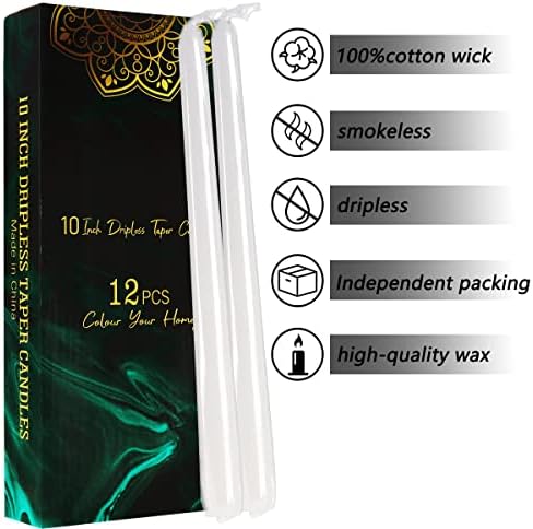 Dripless Taper Candles - Unscented White Candles Bulk - Candle Sticks Long Burning 7.5-8 Hours - for Candlesticks, Dinner Table, Vigil, Advent, Christmas, Thanksgiving, Kwanzaa - 12 Pack,10 Inch Tall - Image 6