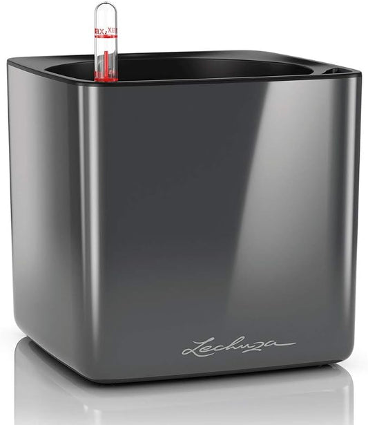 Lechuza Cube Glossy 16 Charcoal High Gloss, Self-Watering Indoor Small Plant Pot, H6.3 L6.7 W6.7 in