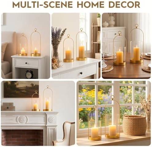 Gold Hurricane Candle Holder, Versatile Metal Candle Holder with Thick Glass Shield for Pillar Candles, Plants, Decorative Candle Lantern for Thanksgiving Christmas Party Table Centerpiece - Image 6
