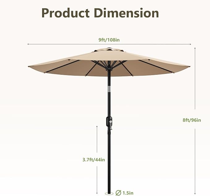 9FT Patio Umbrella,Outdoor Table Umbrella with Push Button Tilt & Crank,Pool Umbrella with Fade-Resistant Canopy, Heavy-Duty Steel Frame, Vented Top, for Deck, Backyard & Market