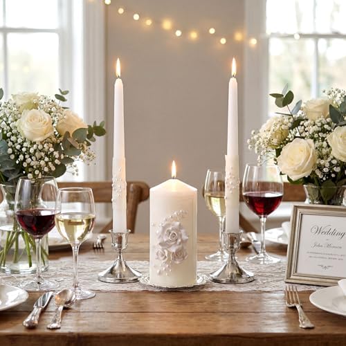 Irenare Unity Candles for Wedding Ceremony with Holder,Ceramic Flowers - Image 4