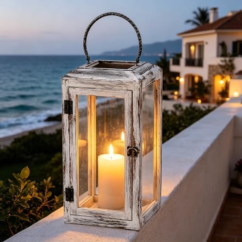 16" High Wooden Lantern Made of Solid Firwood in Whitewash with Metal Handle,Hurricane Lantern, Farmhouse Lantern for Party, Deck, Front Porch - Image 3
