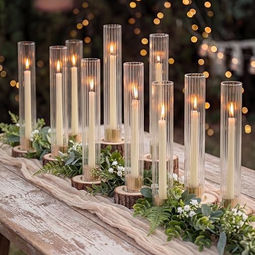 NUPTIO Hurricane Glass Candle Holders, Set of 10 Gold Taper Candle Holders by Nuptio
