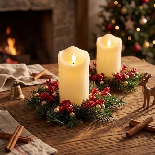 Daifunli 2 Pcs Christmas Gold Ball Red Berry Pine Needle Candle Ring Artificial Berry Bell Wreaths for Pillar 3.25 Inch Candles Holder for Winter Christmas Country Wedding Table Centerpiece Decor - Image 5