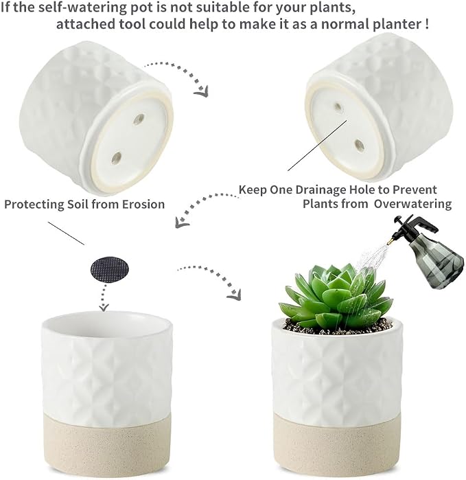 Nihow Ceramic Self Watering Plant Pot for Indoor Plants, 6 Inch,Cream White | Planter with Cotton Wick, Drainage Hole & Water Storage Plus, Cylinder Round Flower Pot, For Succulent/Herbs/Violets