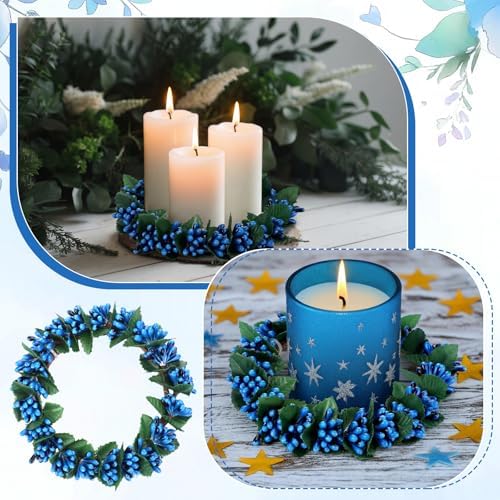 Daifunli 2 Pcs Williamsburg Blue Candle Rings Wreath Blue Pip Berry Ring Wreath for Pillar 3.9 Inch Candles Holder for Holiday Table Centerpiece Wedding Kitchen Cabinets Rustic Table Decor - Image 5