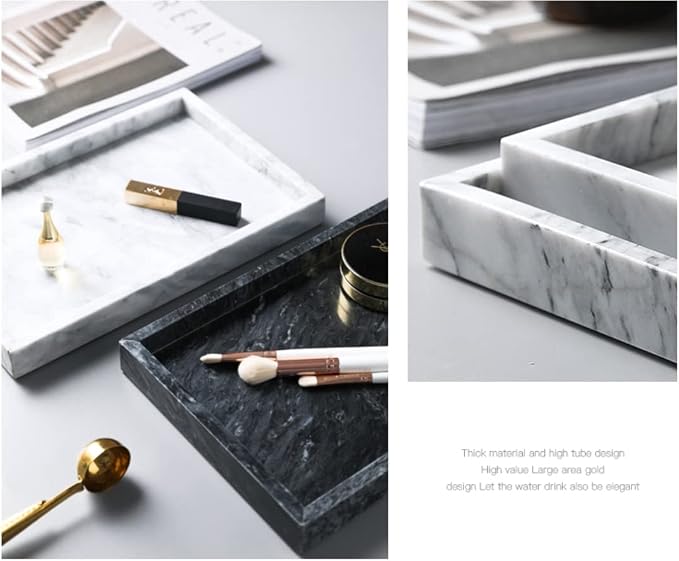Black Marble Tray, Stone Bathroom Tray, Decorative Holder for Tissrue, Candle, Soap, Towel, Plant (Black - 12 x 8)