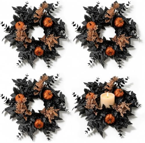 4 PCS Halloween Candle Rings Wreaths Artificial 3.5 Inch Black Maple Leaves Glitter Orange Pumpkin Candle Rings Mini Wreath for Pillar Candle Halloween Party Home Table Indoor Outdoor Decorations by Unknown