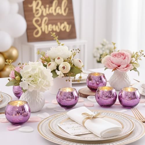 24 Pcs Purple Votive Candle Holders for Wedding Decor, Purple Mercury Glass Candle Holders for Table Centerpieces, Tea Light Holder for Wedding Bridal Shower Party Supplies - Image 5