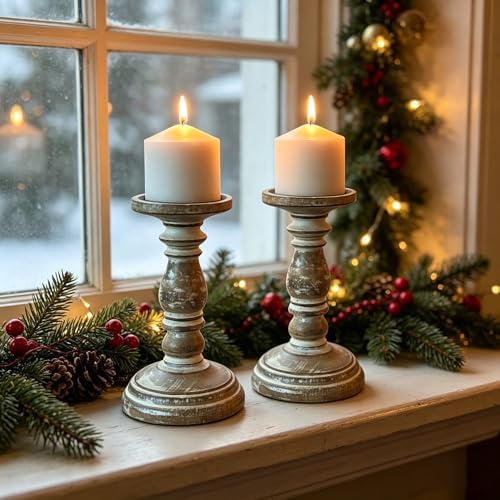 Hosley Set of 2 High Wood Candle Holder 8 Inch High for Pillar Wax Candles Flameless Candle. Distress Finish Candleholder. Ideal Gift for Wedding Party Home Spa Reiki Aromatherapy Candle Gardens O4 - Image 2