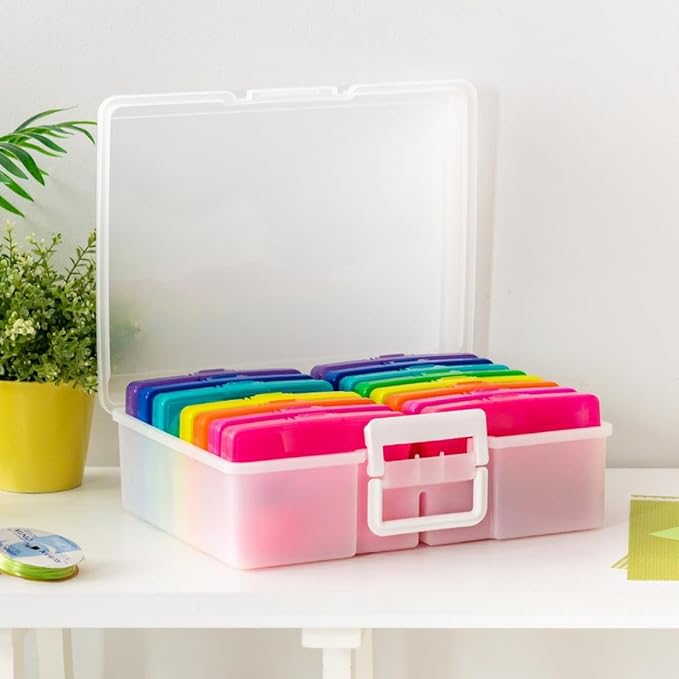 IRIS USA 4" x 6" |Made in USA| 2-Pack Photo Organizers and Picture Storage Box with Handle, 16 Inner Cases/Containers for Tasks, Stickers, Ephemera, & Flashcards - Clear/Multi-Color
