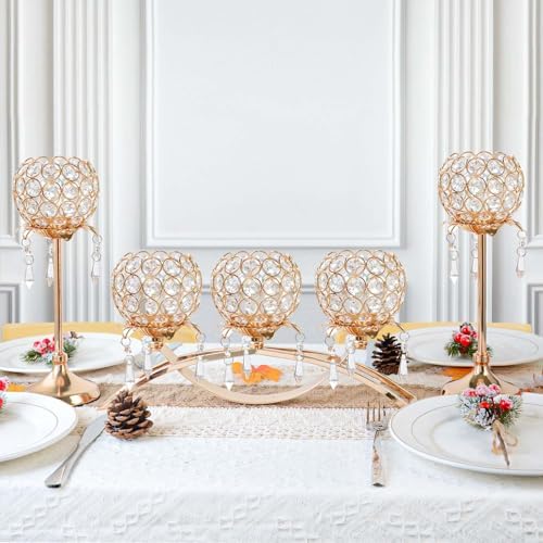 Set of 3 Gold Crystal Tea Light Candlestick Holders Flower Shape with Crystal Pendant Bowl Votive Metal Candle Holder for Table Centerpieces Wedding Home Decor (Set of 3, Gold) - Image 5