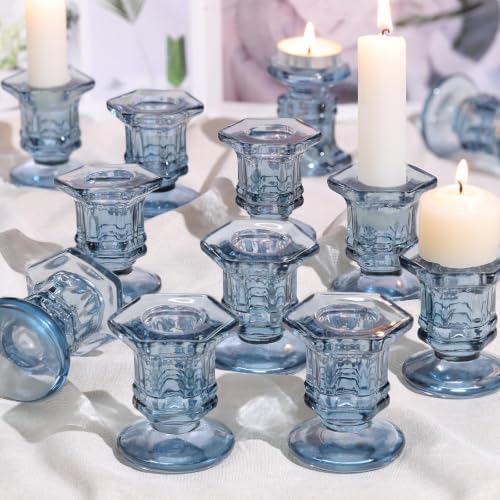 Lanttu 12 Pcs Blue Candlestick Holders Bulk, Glass Candle Holders Set by Lanttu
