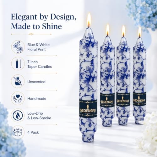 Chinoiserie Taper Candles 7inch, Blue and White Candle 4 Pack - Image 3