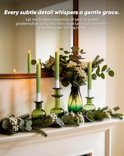 Real Wax Flameless Taper Candles Battery Operated, LED Candlesticks with Remote for Flickering and Timer, Green Striped Decorative Candles for Christmas, Home,and Relaxing Spaces - Image 2