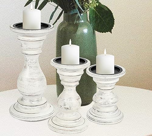 Candle Holder Stand Wooden, Pillar Candle Holder, Unity Candle Holders, Rounded Turned Colums, Country Style Ideal for Gift, Wedding, Christmas, Party, Home - 10,8,6 Inch- Set of 3 -Antique White by HomebiaDesigns
