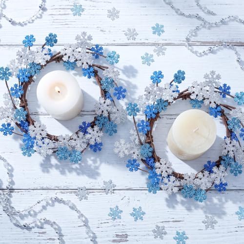 Daifunli 2 Pcs Winter Blue Snowflake Candle Rings Snowflake Wreath Glitter Vintage Wood Wreaths for Pillar 6 Inch Candles Holder for Winter Christmas Rustic Table Centerpiece Decor - Image 6