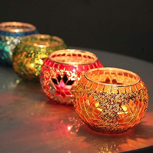SHMILMH Votive Candle Holder Set of 4, Diwali Decoration for Home, Handmade Mosaic Glass Tealight Candle Holders for Table Centerpiece Decor,Diwali Thanksgiving by SHMILMH