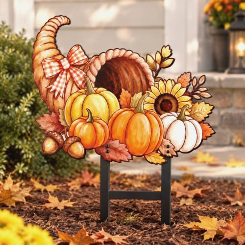 1 Pcs Fall Cornucopia Pumpkin Metal Yard Stakes, 15.2 Inch Decor by Otoolling
