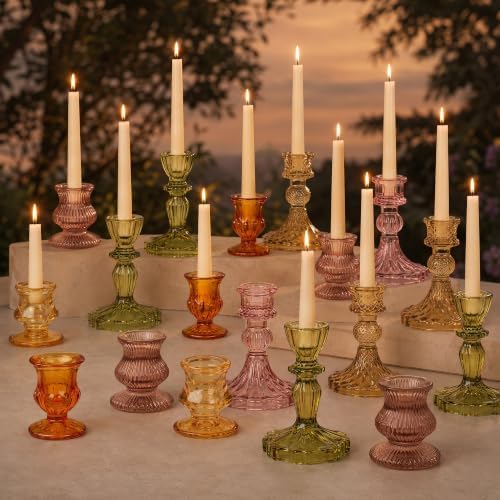 Colored Taper Candle Holders for Candlesticks, 6 Colors 6 Patterns Vintage Glass Candlestick Holders Set Fall Decor, for Wedding Table Centerpiece, Thanksgiving (24, Fall Mixed Color) - Image 2