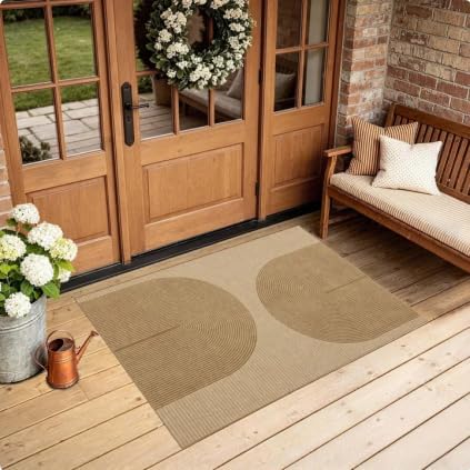 Outdoor Easy Jute Rug 2x3: Modern Natural Area Rugs for Front Patio Hallway Linen-Look Fabric Durable - Neutral Washable Mat for Entryway Kitchen Bedroom - Geometric Arch Pattern