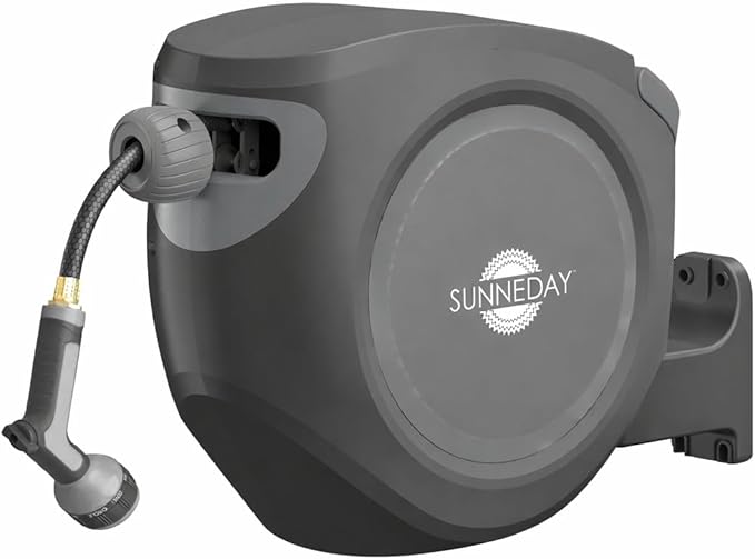 Sunneday SW-75S 75ft Retractable Hose Reel | Automatic Retractable w/Wall Mount | Easy to Assemble Reel w/Flexible Swivel Mount (75FT 1/2)