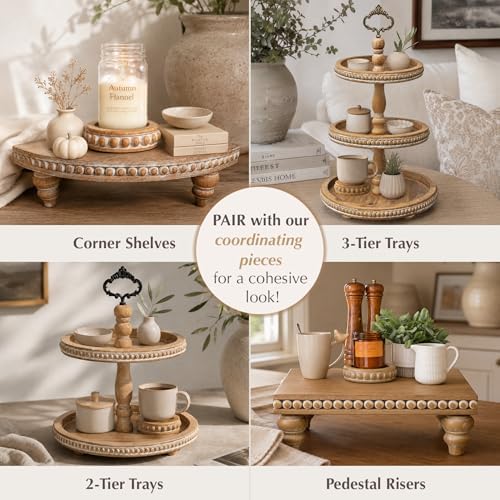Candle Pedestal [Set of 2] Round Rustic Wood Beaded Risers - Sturdy 2-Sided Stackable Decor Pedestal Stands for Tiered Tray, Candle, Mug Display, Risers Display Stands (Rustic Brown, 5 inch) - Image 4