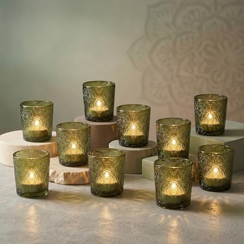 Moss Green Mandala Glass Tealight Holders, 12 Pack by ArtSecret