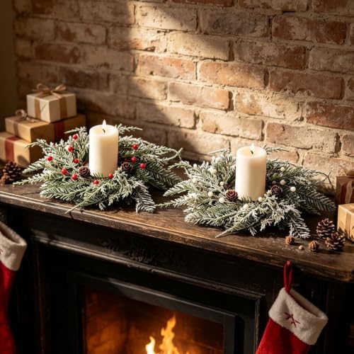 6 PCS Christmas Wreath Candle Rings Mini Wreath Pine Garland Artificial Frosted Cedar and Pine Cone Candle Rings Holder for Christmas Wedding Home Table Centerpiece Door Window Chair Wall - Image 6
