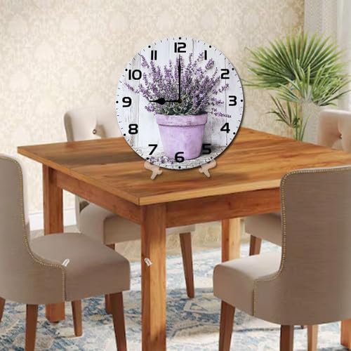 Lavender Watercolor Flower Wooden Silent Non-Ticking 10 Inch Round Clocks Battery Operated Analog for Living Room Kitchen Bedroom Bathroom Office Home School Decor