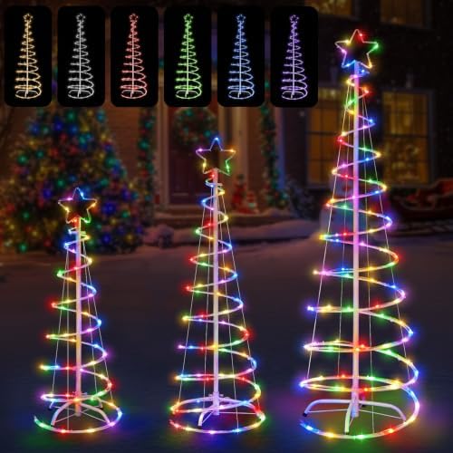 3 Packs Christmas Spiral Tree with Lights, 3/4/5 FT Lighted Xmas Collapsible Tree with Metal Stakes for Indoor & Outdoor, Yard, Porch, Garden Holiday Decor (16 Color, 3-4-5 FT) by FLAGLY