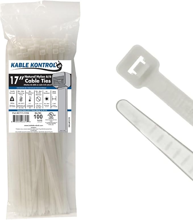 Kable Kontrol Cable Zip Ties Natural White 100 Pcs 17 Inch, 175 Lbs Tensile Strength, Self-locking Natural Nylon Clear Plastic Wire Ties wraps for Indoor or Outdoor Use