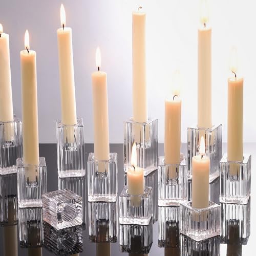 LETINE 12pcs Vertical Stripe Glass Candlestick Holders - Chic Taper Candle Sticks Holder Set for Elegant Dining & Home Decor - Ideal for Wedding Centerpieces, Parties, and Celebrations by LETINE