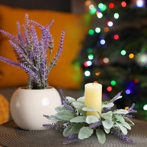 Daifunli 2 Pcs Christmas Candle Rings Lambs Ear Lavender Wreaths for Pillar 3.9 Inch Lambs Ear Lavender Candles Holder for Winter Christmas Xmas Wedding Home Rustic Table Centerpiece Decor - Image 5