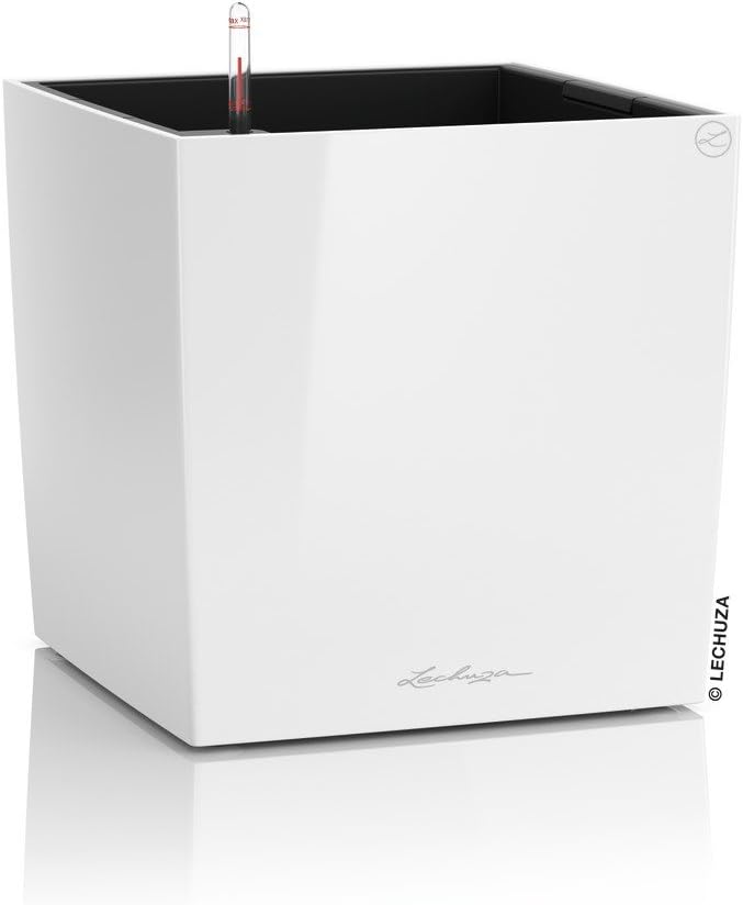 Lechuza Cube 50 Premium Cream White High Gloss, Self-Watering Square Planter, H19.3 L19.3 W19.3 in
