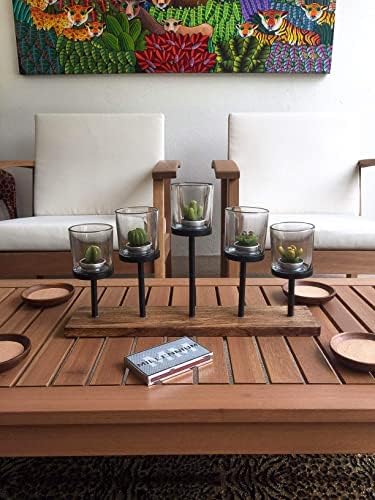 Decorative Votive Candle Holder Centerpiece, 5 Glass Cups on Wood Base - Image 4