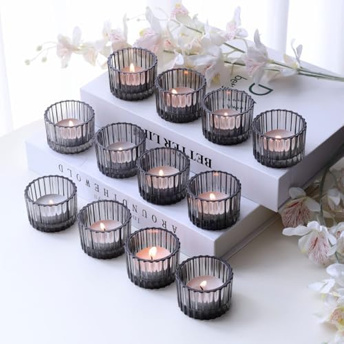 VOHO 24pcs Smokey Grey Tealight Candle Holder, Ribbed Votive Candle Holders - Image 2