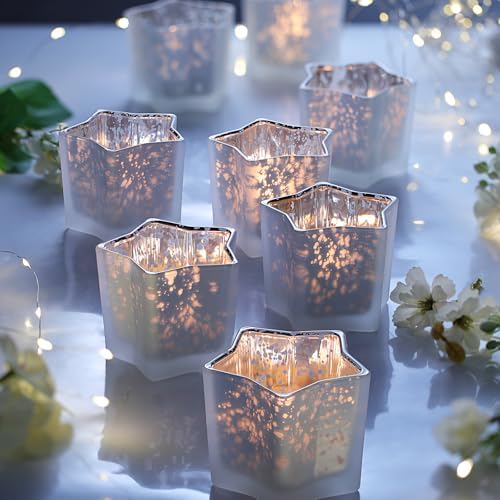 Letine 8pc Frosted White Star Tea Light Candle Holders - Mercury Glass Votive Holders for Wedding, Diwali, Fall & Holiday Decor - Elegant Starlight Vessels (2.44" Height, 1.45" Base) by LETINE