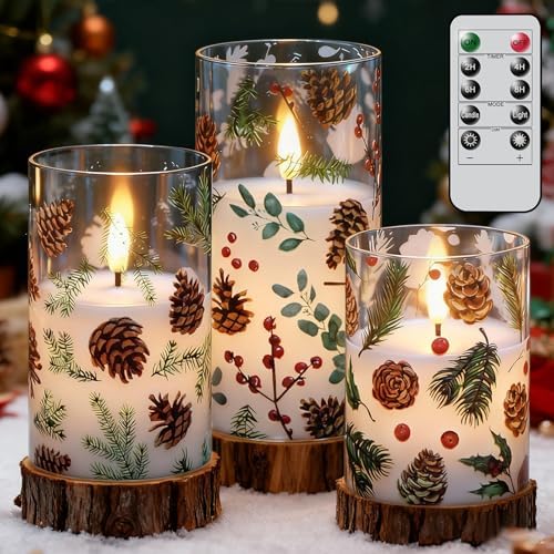 Christmas Pinecone LED Glass Flameless Candles Battery Operated Remote - Image 2