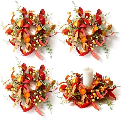 4 PCS Fall Candle Ring Wreaths Artificial Autumn Candle Holder Wreath by Unknown