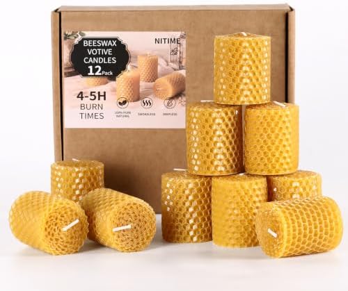 NITIME 12 Pack Beeswax Votive Candles, 100% Natural Hand-Rolled Beeswax Candles, 1.7" x 2" Small Pillar Candles for Home, Yoga, Meditation, Long-Lasting 4-5 Hour Burn Time, Eco-Friendly & Smokeless by NITIME