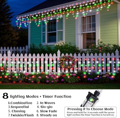 66ft Icicle Lights for Outside, Red White and Green Christmas Lights Outdoor Indoor, 640 LED Twinkle String Light with 120 Drops, Clear Wire Connectable Timer for Thanksgiving Room Home Wall Bedroom - Image 2