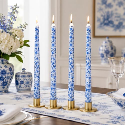 Blue Floral Taper Candles 10in-Chinoiserie Candlesticks for Table Decor by Gedengni