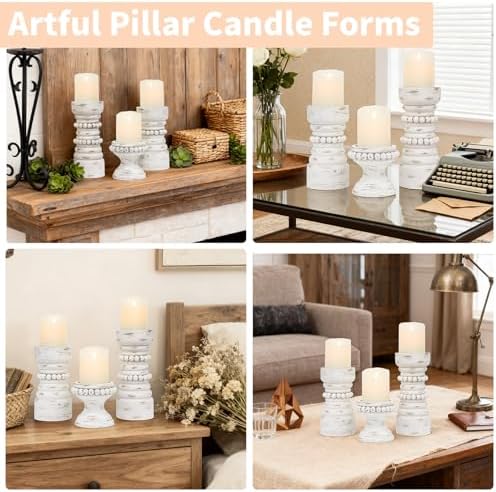 Rustic White Wood Candle Holders Set of 3, Farmhouse Beaded Wood Pillar Candle Holder, Candle Holders for Pillar Candles & Candlesticks, Candle Sticks Holder Decor for Table Centerpiece - Image 5