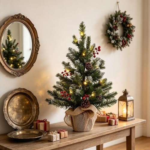 MEETYAMOR 2 FT Mini Christmas Tree, 24" PE Prelit Small Artificial Tabletop Snow Flocked Christmas Trees Decor with 20 Lights Timer, Outdoor Indoor Porch Table Centerpieces Xmas Christmas Decorations - Image 3