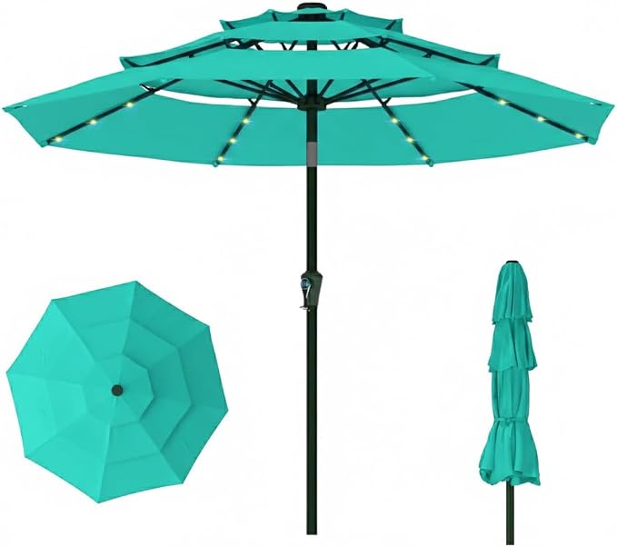 10FT Patio Umbrella 3 Tiers with LED Light Outdoor Market Umbrella w/Push Button Tilt, Crank, UV and Waterproof Table Umbrella for Garden, Pool, Backyard, Deck, Lawn, Turquoise Blue