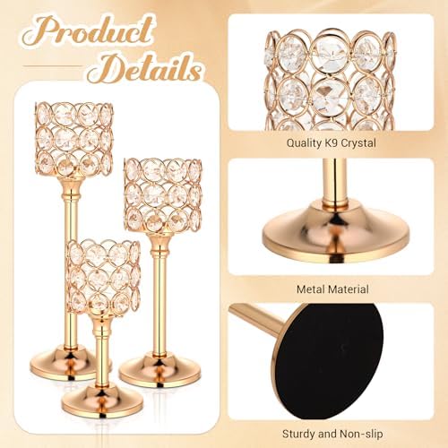 Mumufy 6 Pieces Crystal Candle Holders Set 3 Sizes Tall Crystal Wedding Candlestick Holders Pillar Candelabra Stand for Table Centerpieces for Christmas Party Wedding Dining Decoration (Gold) - Image 3