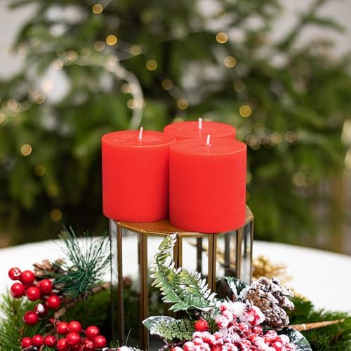 CANDWAX 3x3 Inch Red Pillar Candles Set of 3 - Unscented Smokeless Dripless Rustic Pillars - Perfect for Weddings, Centerpieces, Home Décor - Red Candles - Image 4