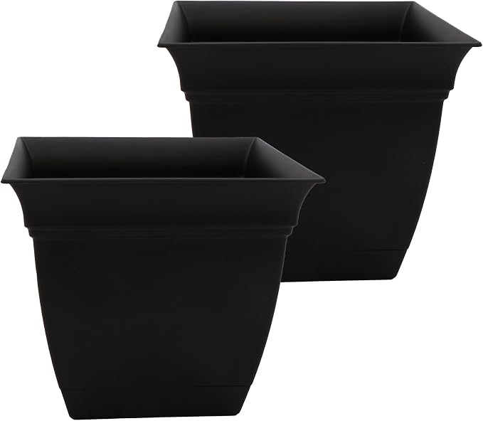 The HC Companies 12 Inch Eclipse Square Planter Pots with Drainage Holes & Attached Saucer, Lightweight UV-Resistant Plastic Indoor Outdoor Planters, 2-Pack Flower Pots for Garden & Home Decor, Black