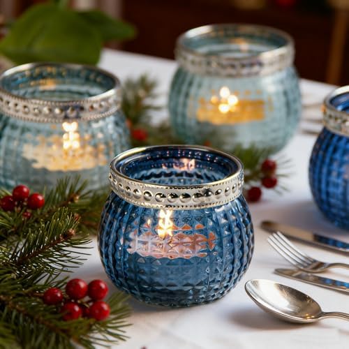 Candle Holder Set of 12, Small Tealight Candle Holder, Vintage Glass Votive Candle Holders for Table Centerpiece Wedding Home Decor Holiday Decor (Blue) - Image 3